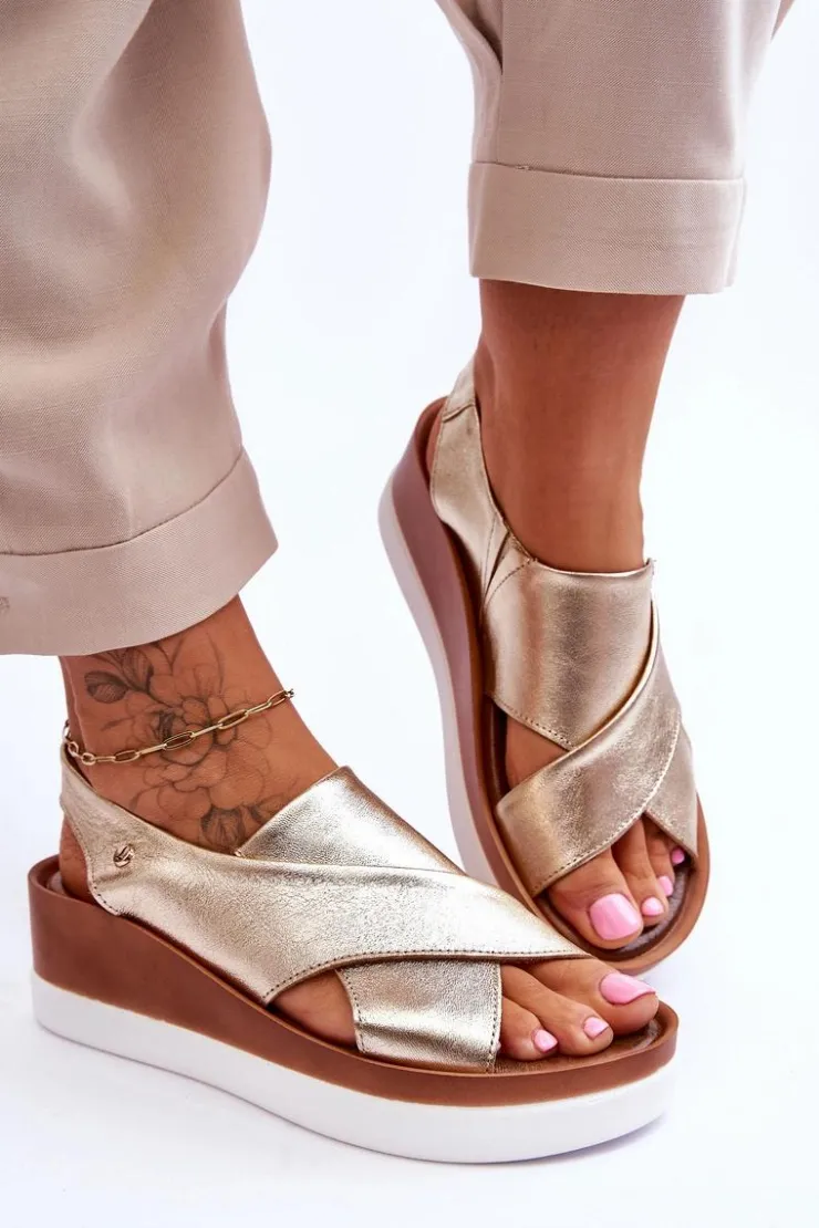 Zazoo Sandały Na Obcasie|Sandały Na Koturnie*Skórzane Sandały Na Koturnie Złote Morgan Złoty