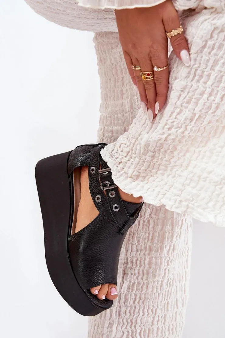 Zazoo Sandały Z Cholewką|Sandały Na Obcasie*Skórzane Sandały Na Koturnie 1732 Czarne