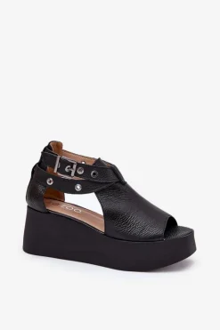 Zazoo Sandały Z Cholewką|Sandały Na Obcasie*Skórzane Sandały Na Koturnie 1732 Czarne