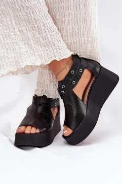 Zazoo Sandały Z Cholewką|Sandały Na Obcasie*Skórzane Sandały Na Koturnie 1732 Czarne