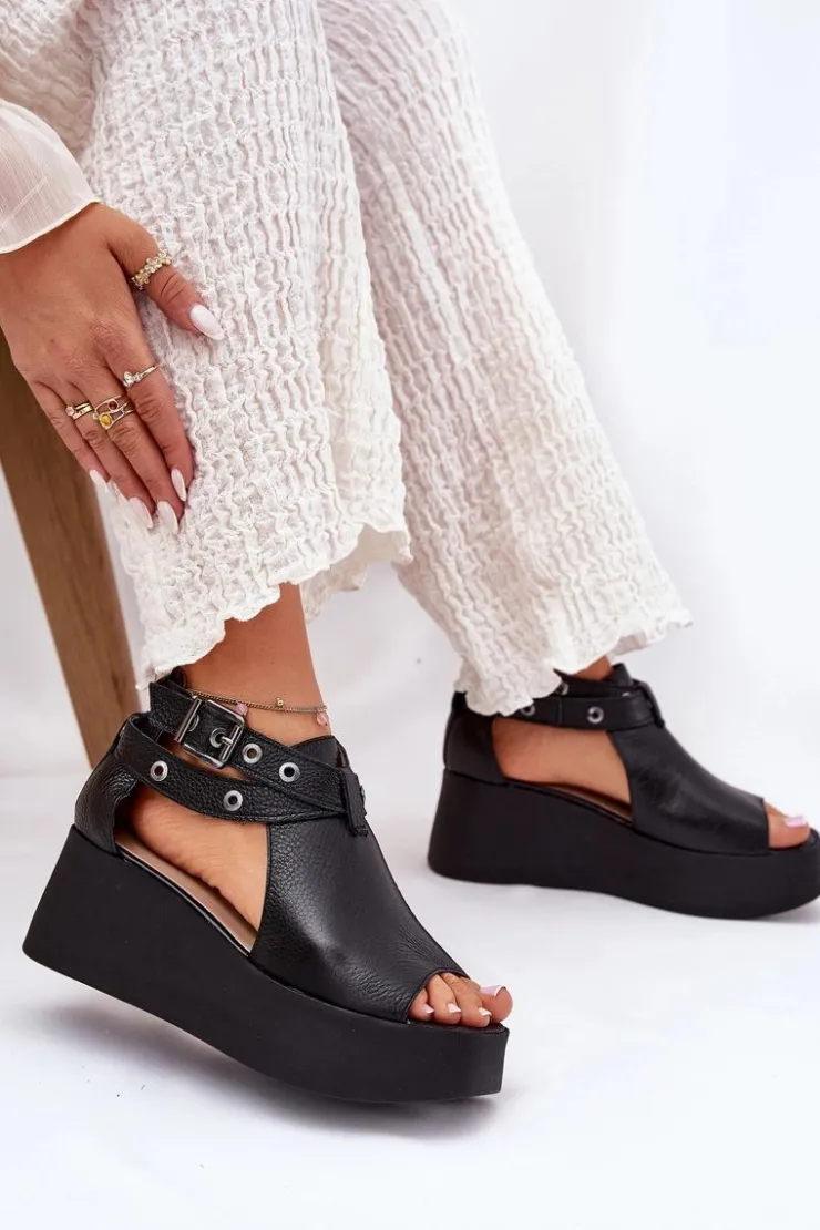 Zazoo Sandały Z Cholewką|Sandały Na Obcasie*Skórzane Sandały Na Koturnie 1732 Czarne