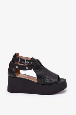 Zazoo Sandały Z Cholewką|Sandały Na Obcasie*Skórzane Sandały Na Koturnie 1732 Czarne