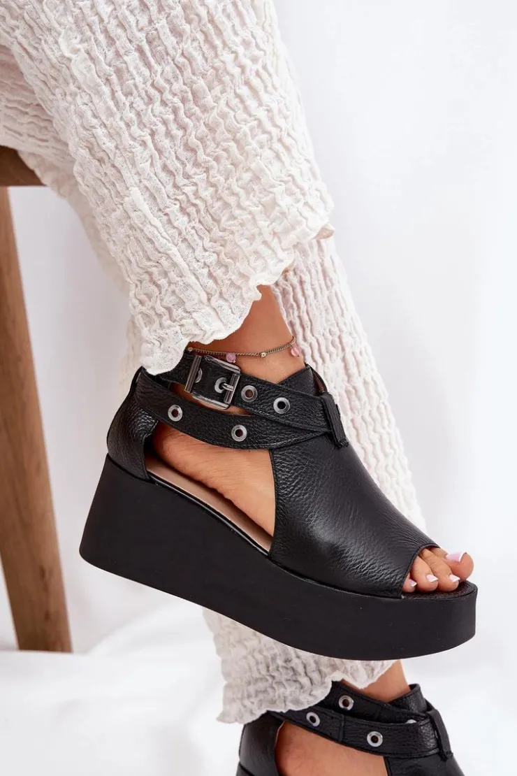 Zazoo Sandały Z Cholewką|Sandały Na Obcasie*Skórzane Sandały Na Koturnie 1732 Czarne