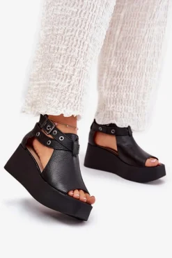 Zazoo Sandały Z Cholewką|Sandały Na Obcasie*Skórzane Sandały Na Koturnie 1732 Czarne