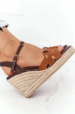 Damskie Big Star Shoes Skórzane Sandały Na Koturnie Big Star HH274377 Brązowe