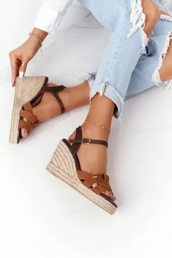 Damskie Big Star Shoes Skórzane Sandały Na Koturnie Big Star HH274377 Brązowe