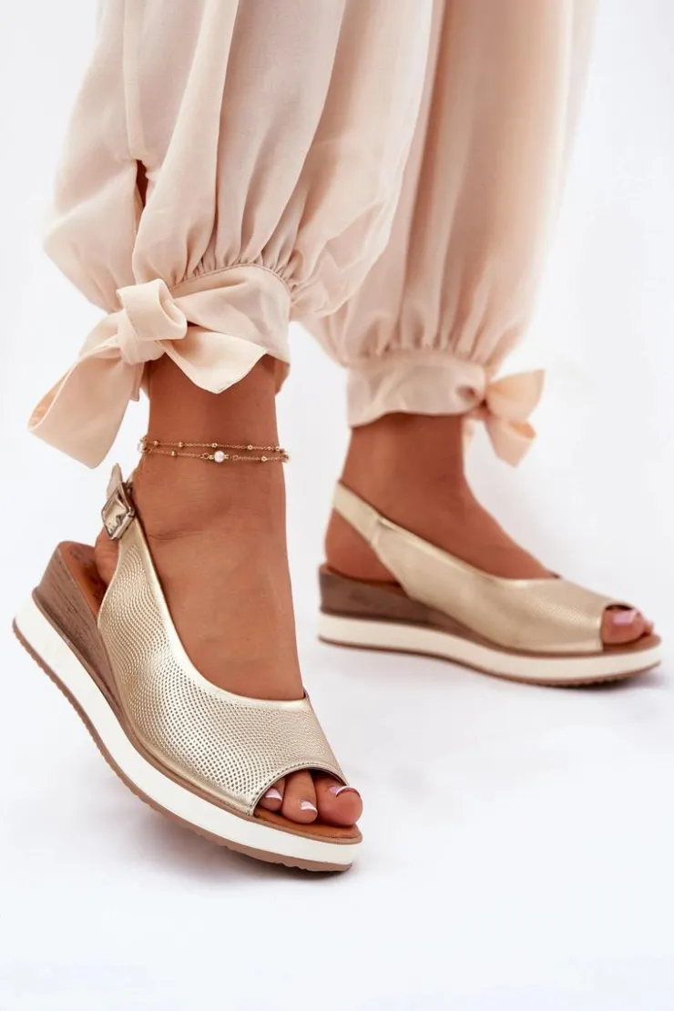 Clearance Artiker Skórzane Sandały Na Koturnie 56C2312 Złote Złoty