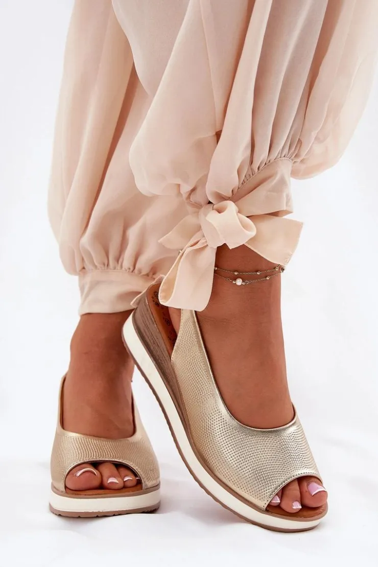 Clearance Artiker Skórzane Sandały Na Koturnie 56C2312 Złote Złoty