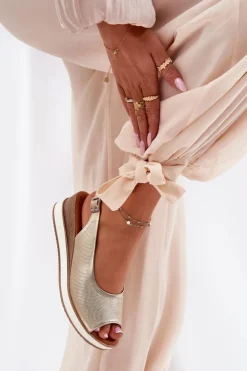 Clearance Artiker Skórzane Sandały Na Koturnie 56C2312 Złote Złoty