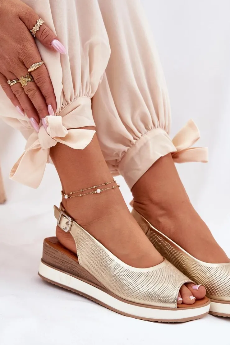 Clearance Artiker Skórzane Sandały Na Koturnie 56C2312 Złote Złoty