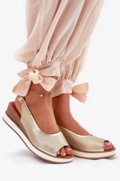 Clearance Artiker Skórzane Sandały Na Koturnie 56C2312 Złote Złoty