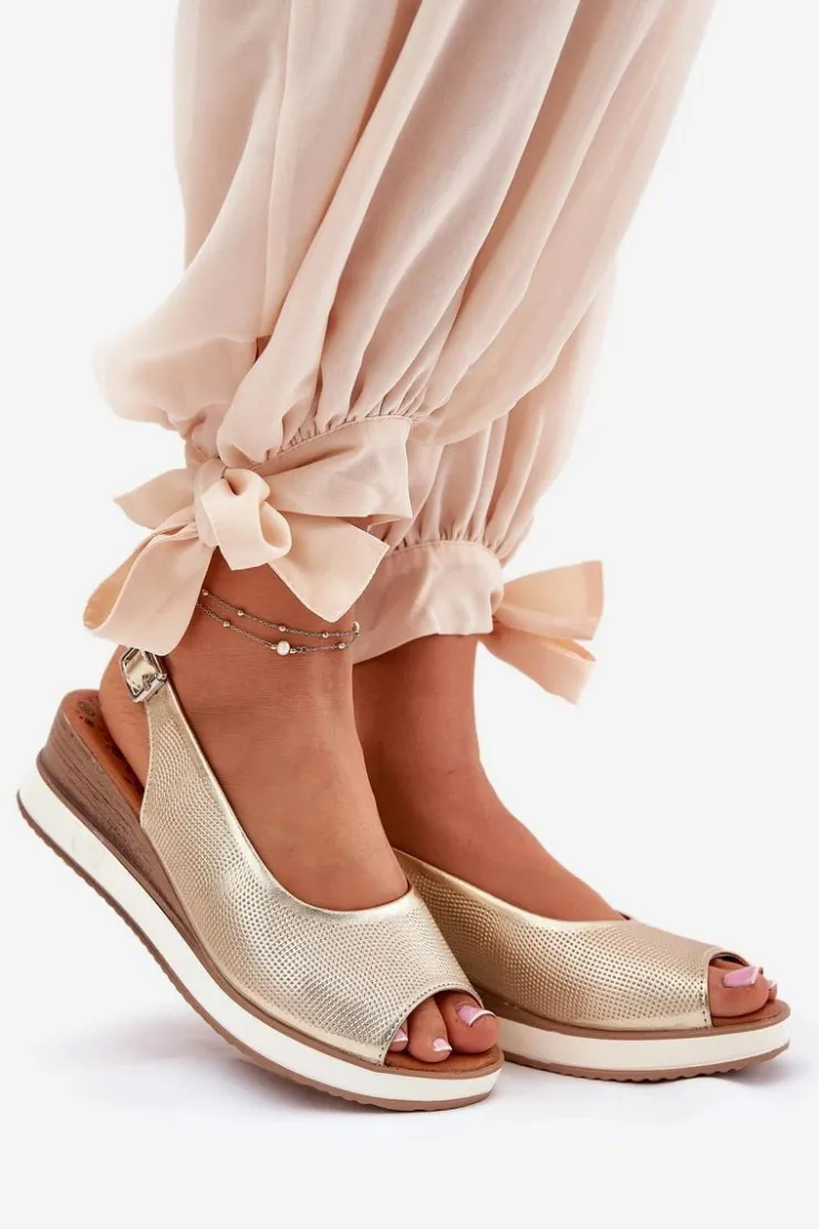 Clearance Artiker Skórzane Sandały Na Koturnie 56C2312 Złote Złoty