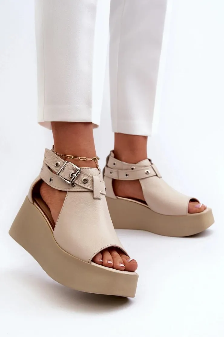 Best Zazoo Skórzane Sandały Na Koturnie Beżowe 1732 Beżowy