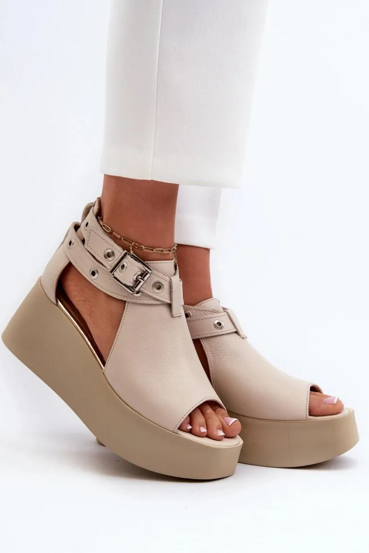 Best Zazoo Skórzane Sandały Na Koturnie Beżowe 1732 Beżowy