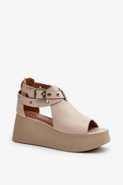 Best Zazoo Skórzane Sandały Na Koturnie Beżowe 1732 Beżowy
