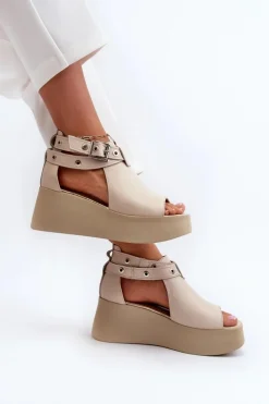 Best Zazoo Skórzane Sandały Na Koturnie Beżowe 1732 Beżowy