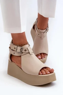 Best Zazoo Skórzane Sandały Na Koturnie Beżowe 1732 Beżowy