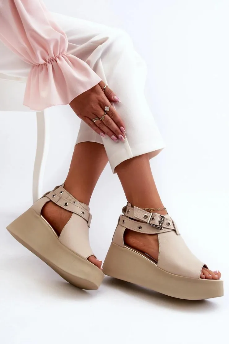 Best Zazoo Skórzane Sandały Na Koturnie Beżowe 1732 Beżowy