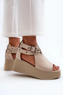 Best Zazoo Skórzane Sandały Na Koturnie Beżowe 1732 Beżowy