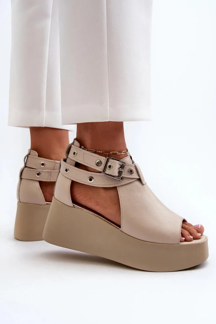 Best Zazoo Skórzane Sandały Na Koturnie Beżowe 1732 Beżowy