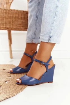 Laura Messi Sandały Na Koturnie*Skórzane Sandały Na Koturnie 2253 Granatowe