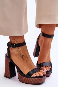 Damskie Boto Skórzane Sandały Na Masywnej Platformie Czarne Marina