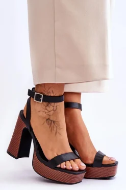 Damskie Boto Skórzane Sandały Na Masywnej Platformie Czarne Marina