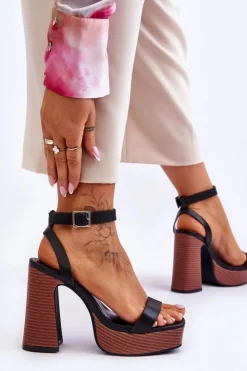 Damskie Boto Skórzane Sandały Na Masywnej Platformie Czarne Marina