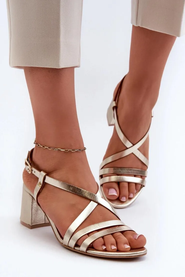 New Maciejka Skórzane Sandały Na Niskim Słupku 06653-25 Złote Złoty