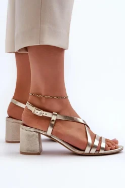 New Maciejka Skórzane Sandały Na Niskim Słupku 06653-25 Złote Złoty