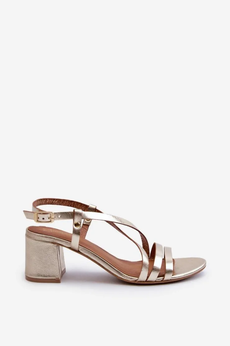 New Maciejka Skórzane Sandały Na Niskim Słupku 06653-25 Złote Złoty