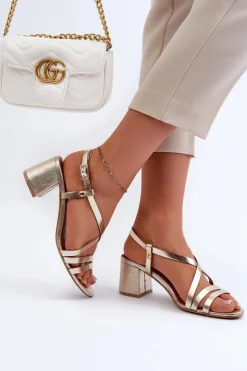 New Maciejka Skórzane Sandały Na Niskim Słupku 06653-25 Złote Złoty