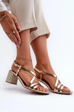 New Maciejka Skórzane Sandały Na Niskim Słupku 06653-25 Złote Złoty