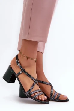 Maciejka Sandały Na Słupku|Sandały Na Obcasie*Skórzane Sandały Na Niskim Słupku 06653-09 Ciemnozielone Zielony