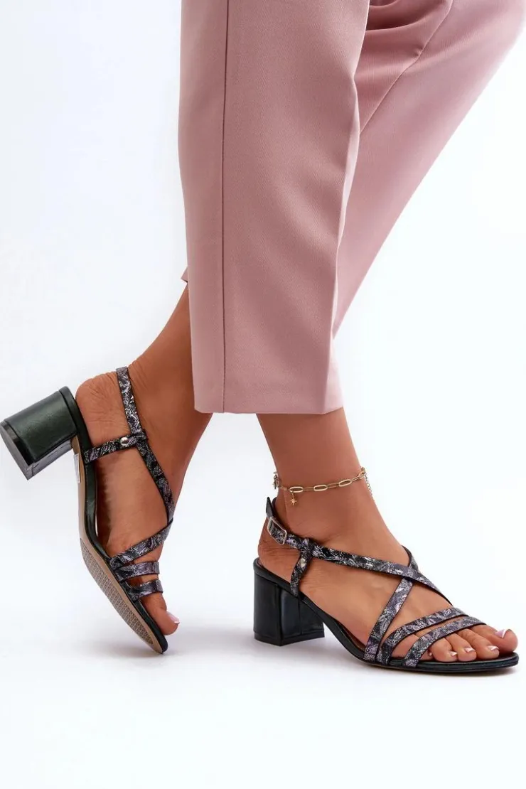 Maciejka Sandały Na Słupku|Sandały Na Obcasie*Skórzane Sandały Na Niskim Słupku 06653-09 Ciemnozielone Zielony