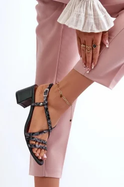 Maciejka Sandały Na Słupku|Sandały Na Obcasie*Skórzane Sandały Na Niskim Słupku 06653-09 Ciemnozielone Zielony