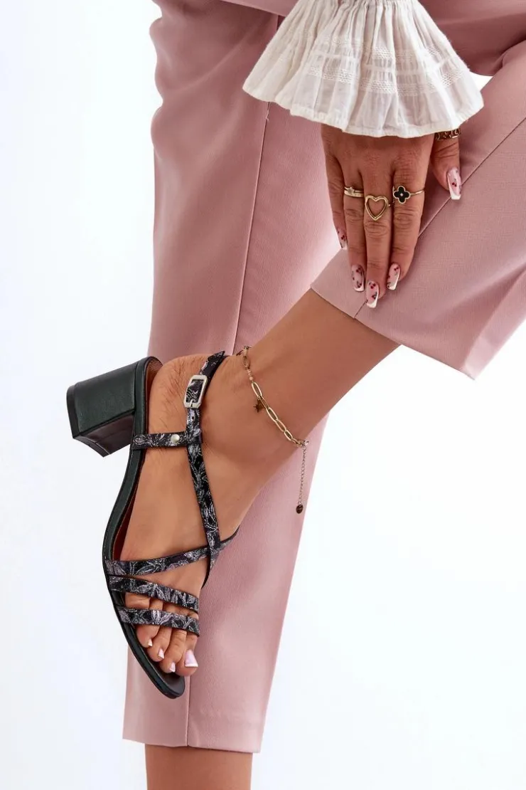 Maciejka Sandały Na Słupku|Sandały Na Obcasie*Skórzane Sandały Na Niskim Słupku 06653-09 Ciemnozielone Zielony