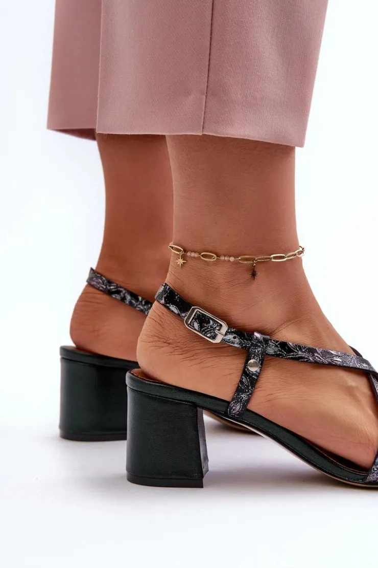 Maciejka Sandały Na Słupku|Sandały Na Obcasie*Skórzane Sandały Na Niskim Słupku 06653-09 Ciemnozielone Zielony