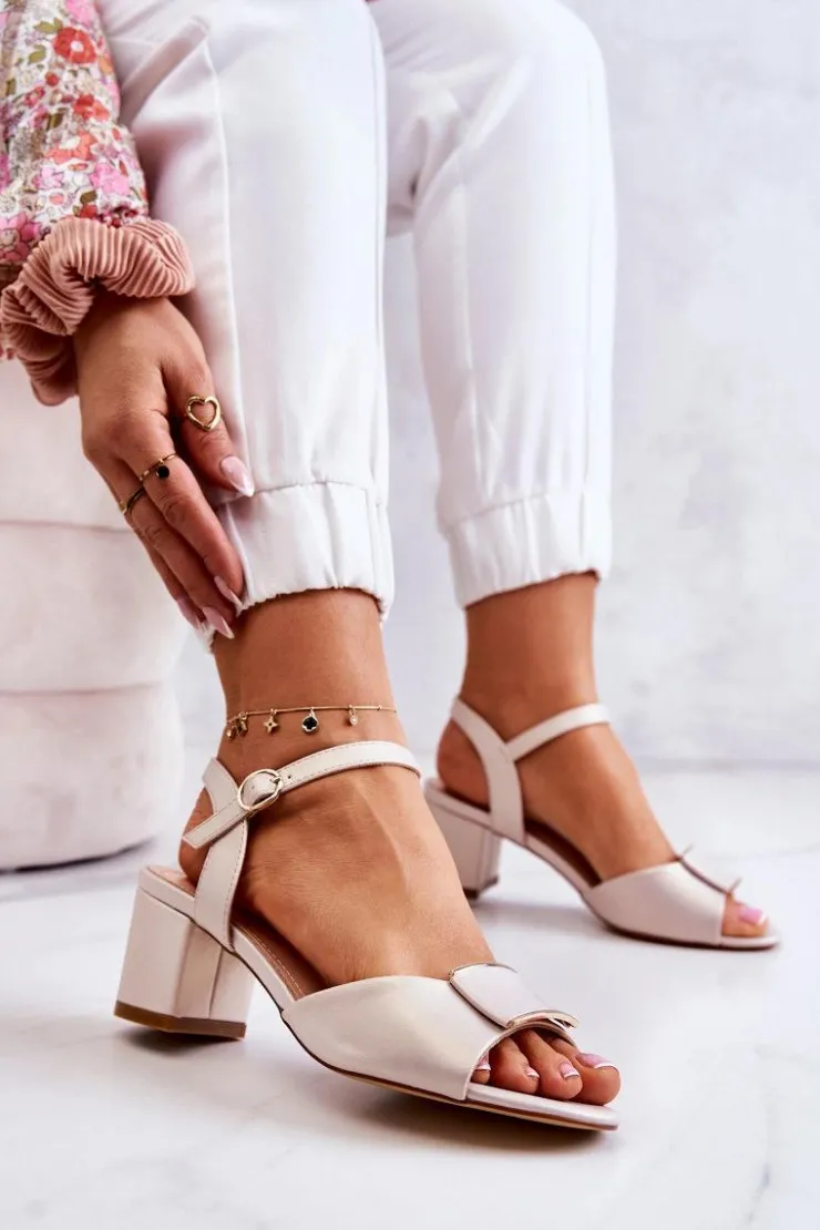 Buty Sergio Leone Sandały Na Obcasie*Skórzane Sandały Na Obcasie Beżowe Lorisa Beżowy