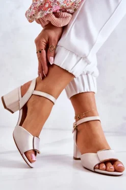 Buty Sergio Leone Sandały Na Obcasie*Skórzane Sandały Na Obcasie Beżowe Lorisa Beżowy