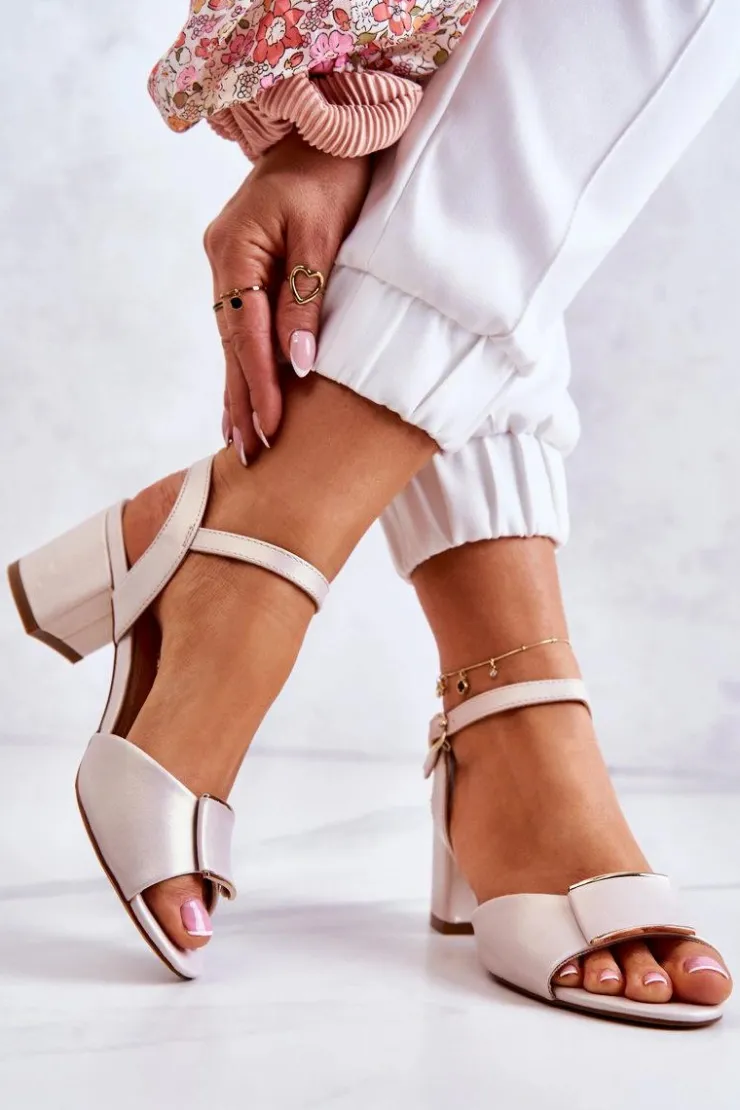 Buty Sergio Leone Sandały Na Obcasie*Skórzane Sandały Na Obcasie Beżowe Lorisa Beżowy