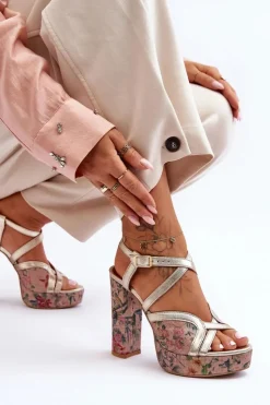 Damskie Maciejka Skórzane Sandały Na Obcasie 06084-25 Złote