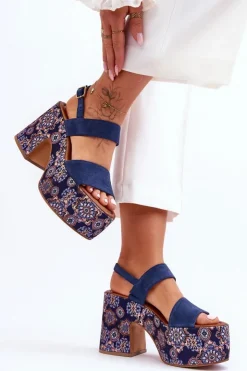 Maciejka Sandały Na Obcasie*Skórzane Sandały Na Obcasie 06089-17 Granatowe