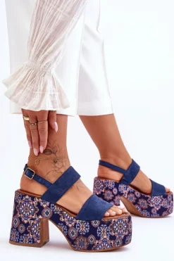 Maciejka Sandały Na Obcasie*Skórzane Sandały Na Obcasie 06089-17 Granatowe