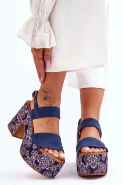 Maciejka Sandały Na Obcasie*Skórzane Sandały Na Obcasie 06089-17 Granatowe