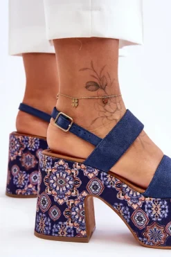 Maciejka Sandały Na Obcasie*Skórzane Sandały Na Obcasie 06089-17 Granatowe