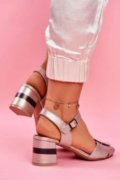 Damskie Maciejka Skórzane Sandały Na Obcasie 04120-25 Złote