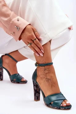 Discount Maciejka Skórzane Sandały Na Obcasie 06081-09 Ciemnozielone