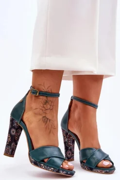 Discount Maciejka Skórzane Sandały Na Obcasie 06081-09 Ciemnozielone