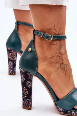 Discount Maciejka Skórzane Sandały Na Obcasie 06081-09 Ciemnozielone